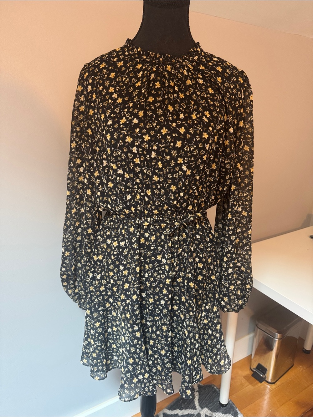 Ever New Black Dress with Yellow Floral Print, Long Sleeve